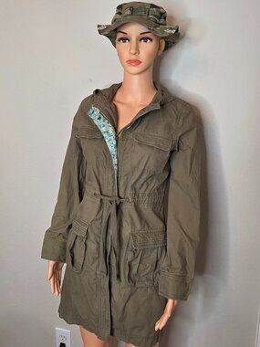 Old Navy Olive Green Hooded Utility Jacket w/ Floral Trim, Women's Size XS